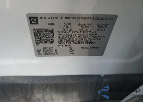 2021 Chevrolet Equinox Lt из США, поврежденный, VIN 3GNAXUEV9MS103550